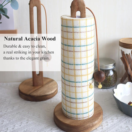 Wooden paper towel roll holder, freestanding farmhouse-style kitchen organizer, compatible with most paper towel rolls.