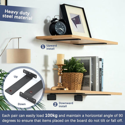 2 pieces - Support frame - Wall bracket - Metal shelf brackets - Floating shelf bracket - Stainless steel bracket - Shelf brackets with thick screws - Furniture accessories - Black - 150 mm.