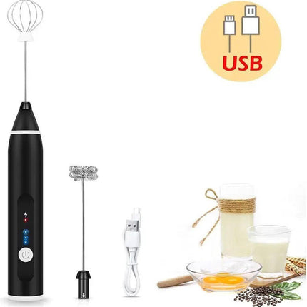 2-in-1 Electric Coffee Frother, USB Rechargeable, Egg Beater, Keep Mixer, Black.
