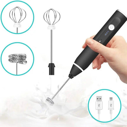 2-in-1 Electric Coffee Frother, USB Rechargeable, Egg Beater, Keep Mixer, Black.