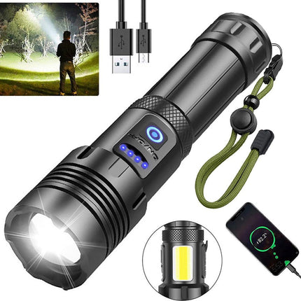 Flashlight - Rechargeable LED - Military Flashlight - 100,000 lumens - with 7 modes - COB side light - Waterproof - For emergencies, camping, home.