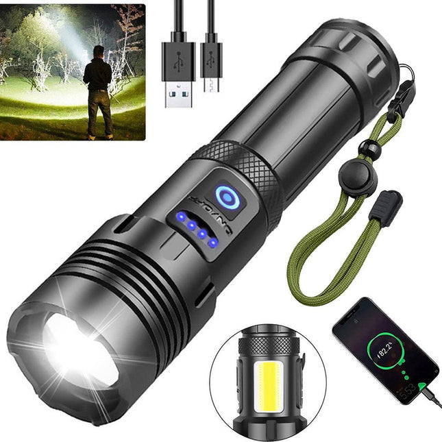 Flashlight - Rechargeable LED - Military Flashlight - 100,000 lumens - with 7 modes - COB side light - Waterproof - For emergencies, camping, home.