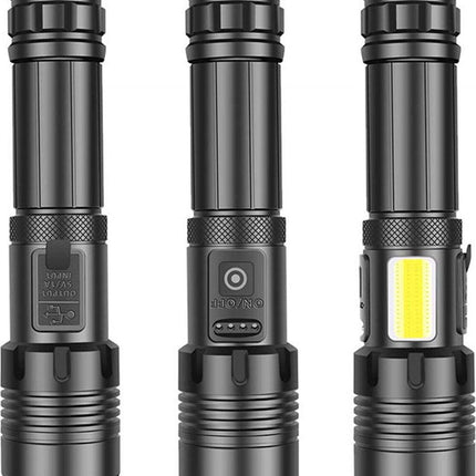 Flashlight - Rechargeable LED - Military Flashlight - 100,000 lumens - with 7 modes - COB side light - Waterproof - For emergencies, camping, home.