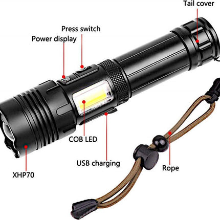 Flashlight - Rechargeable LED - Military Flashlight - 100,000 lumens - with 7 modes - COB side light - Waterproof - For emergencies, camping, home.