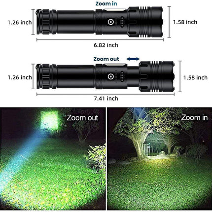 Flashlight - Rechargeable LED - Military Flashlight - 100,000 lumens - with 7 modes - COB side light - Waterproof - For emergencies, camping, home.
