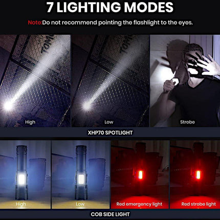 Flashlight - Rechargeable LED - Military Flashlight - 100,000 lumens - with 7 modes - COB side light - Waterproof - For emergencies, camping, home.