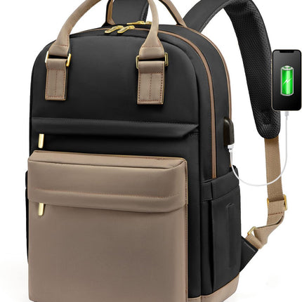Backpack - Backpack - Ladies - Girls - Women - Laptop - Schoolbag - Work - School - Waterproof - USB - Beige - Brown - Black.