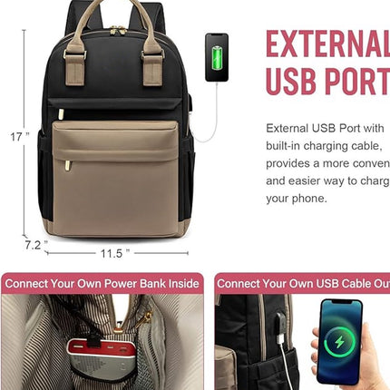 Backpack - Backpack - Ladies - Girls - Women - Laptop - Schoolbag - Work - School - Waterproof - USB - Beige - Brown - Black.