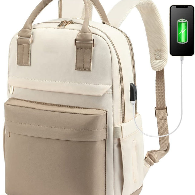 Backpack - Backpack - Ladies - Girls - Women - Laptop - Schoolbag - Work - School - Waterproof - USB - Beige - White.