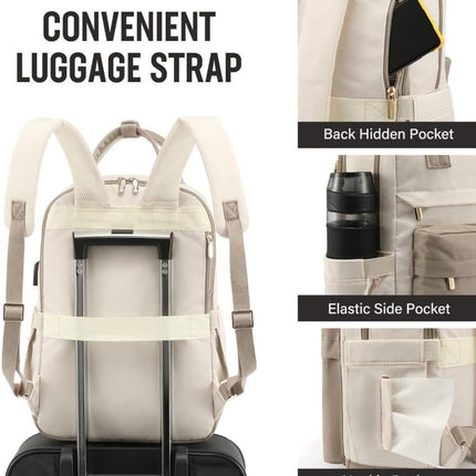 Backpack - Backpack - Ladies - Girls - Women - Laptop - Schoolbag - Work - School - Waterproof - USB - Beige - White.
