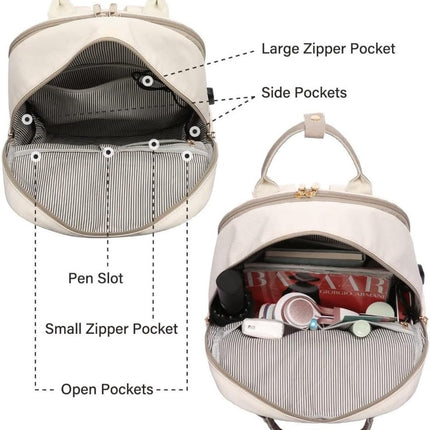 Backpack - Backpack - Ladies - Girls - Women - Laptop - Schoolbag - Work - School - Waterproof - USB - Beige - White.