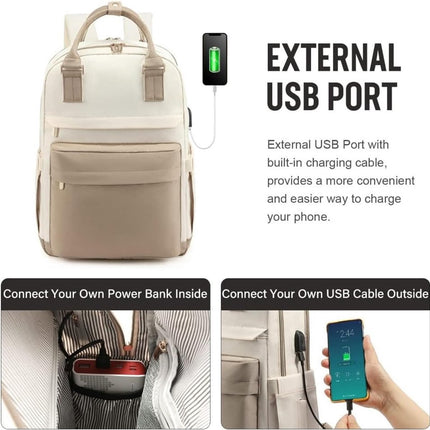 Backpack - Backpack - Ladies - Girls - Women - Laptop - Schoolbag - Work - School - Waterproof - USB - Beige - White.