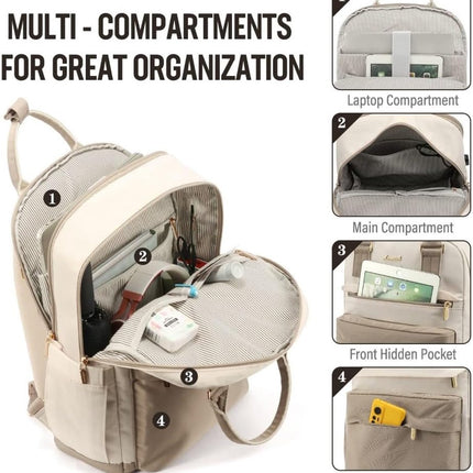 Backpack - Backpack - Ladies - Girls - Women - Laptop - Schoolbag - Work - School - Waterproof - USB - Beige - White.