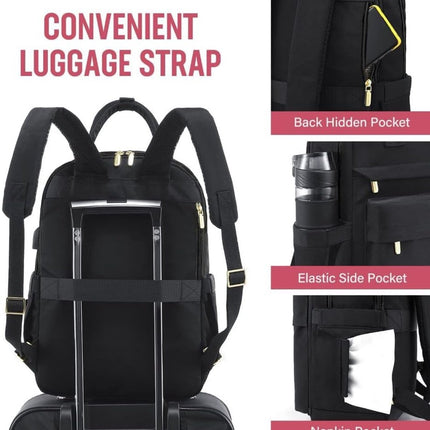 Backpack - Backpack - Ladies - Girls - Women - Laptop - Schoolbag - Work - School - Waterproof - USB - Black.