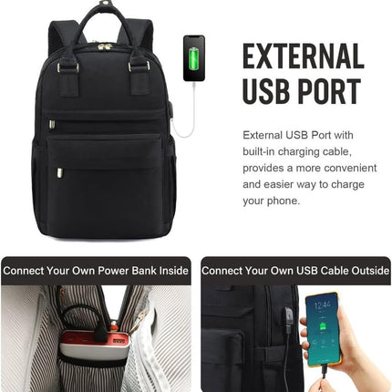 Backpack - Backpack - Ladies - Girls - Women - Laptop - Schoolbag - Work - School - Waterproof - USB - Black.