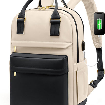 Backpack - Backpack - Ladies - Girls - Women - Laptop - Schoolbag - Work - School - Waterproof - USB - Beige - White - Black.