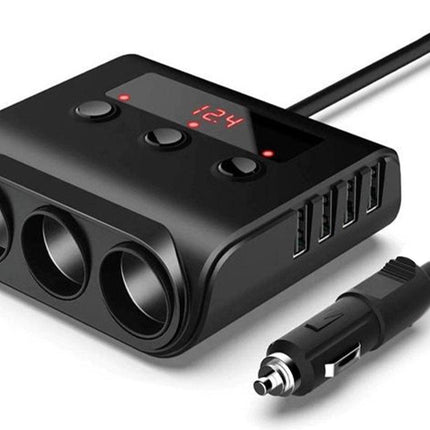 Car cigarette lighter splitter with 12V/24V voltmeter - 4x 5V/3.1A USB inputs - 3 cigarette lighter sockets - car charger - car accessories - SIG04USB - Black.