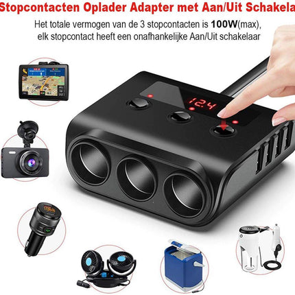 Car cigarette lighter splitter with 12V/24V voltmeter - 4x 5V/3.1A USB inputs - 3 cigarette lighter sockets - car charger - car accessories - SIG04USB - Black.