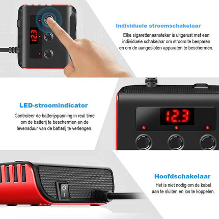 Car cigarette lighter splitter with 12V/24V voltmeter - 4x 5V/3.1A USB inputs - 3 cigarette lighter sockets - car charger - car accessories - SIG04USB - Black.