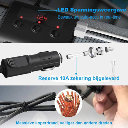 Car cigarette lighter splitter with 12V/24V voltmeter - 4x 5V/3.1A USB inputs - 3 cigarette lighter sockets - car charger - car accessories - SIG04USB - Black.