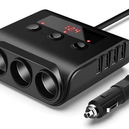 Car cigarette lighter splitter with 12V/24V voltmeter - 4x 5V/3.1A USB inputs - 3 cigarette lighter sockets - car charger - car accessories - SIG04USB - Black.