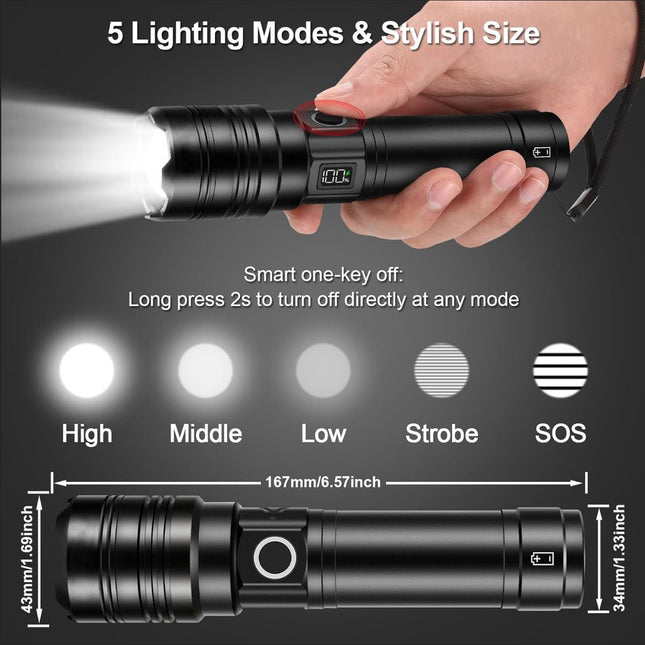 Rechargeable 50,000 lumen flashlight, long range, ultra-bright USB-C LED, long battery life, 5 modes, powerful zoomable flashlights, for emergencies, hiking and camping..