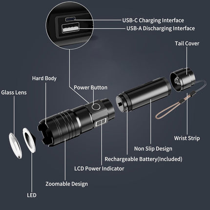 Rechargeable 50,000 lumen flashlight, long range, ultra-bright USB-C LED, long battery life, 5 modes, powerful zoomable flashlights, for emergencies, hiking and camping..