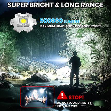 Rechargeable 50,000 lumen flashlight, long range, ultra-bright USB-C LED, long battery life, 5 modes, powerful zoomable flashlights, for emergencies, hiking and camping..