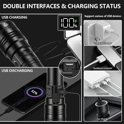 Rechargeable 50,000 lumen flashlight, long range, ultra-bright USB-C LED, long battery life, 5 modes, powerful zoomable flashlights, for emergencies, hiking and camping..