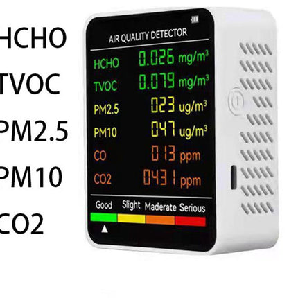 Air Quality Monitor - 6 Functions - Detects PM2.5, PM10, HCHO, TVOC, CO, CO2 - Suitable for monitoring indoor air, testing office spaces, inspecting car air, and monitoring the outdoor environment - Wit.