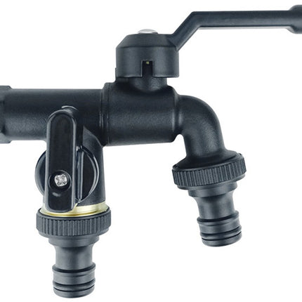 Brass double drain fitting for outdoor use - 3/4 inch - black - frost resistant - rust resistant - irrigation system - garden - ball valve - 2 outlets.
