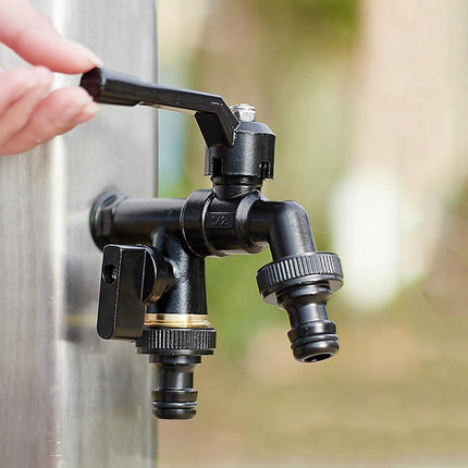Brass double drain fitting for outdoor use - 3/4 inch - black - frost resistant - rust resistant - irrigation system - garden - ball valve - 2 outlets.