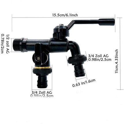 Brass double drain fitting for outdoor use - 3/4 inch - black - frost resistant - rust resistant - irrigation system - garden - ball valve - 2 outlets.