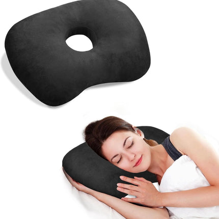 Curved side pillow - Ear holes - Adjustable cotton/polyester - Machine washable - Suitable for pierced ears - Black.