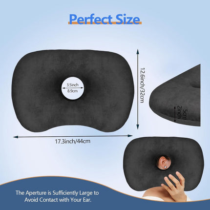 Curved side pillow - Ear holes - Adjustable cotton/polyester - Machine washable - Suitable for pierced ears - Black.