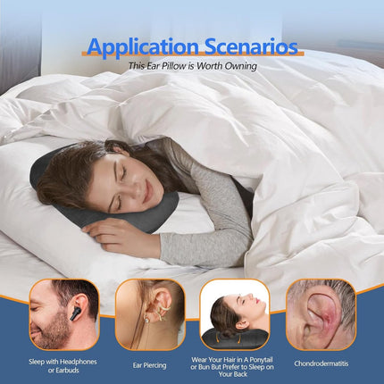 Curved side pillow - Ear holes - Adjustable cotton/polyester - Machine washable - Suitable for pierced ears - Black.