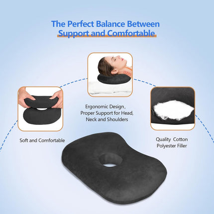Curved side pillow - Ear holes - Adjustable cotton/polyester - Machine washable - Suitable for pierced ears - Black.