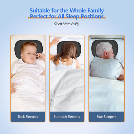 Curved side pillow - Ear holes - Adjustable cotton/polyester - Machine washable - Suitable for pierced ears - Black.