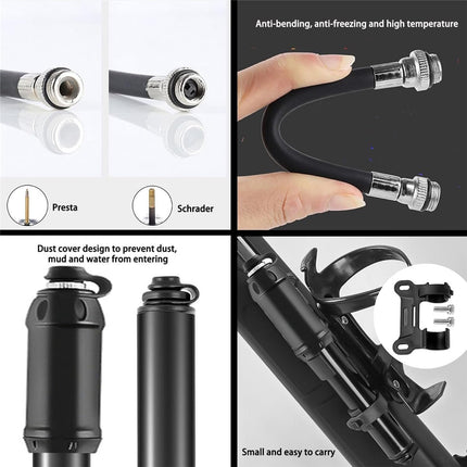 Hand Pump - Bicycle Pump - Mini Portable Bicycle Pump in Aluminum Alloy - ABS Flexible Hose - Lightweight - Up to 100 psi - Presta and Schrader Valves - Black.