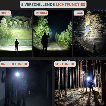 Waterproof and powerful LED flashlight - 10,000 lumens - 5 lighting modes - Rechargeable and zoomable - Long beam - Survival and outdoor use - Batteries included - USB-C rechargeable - Emergency kit - Camping.