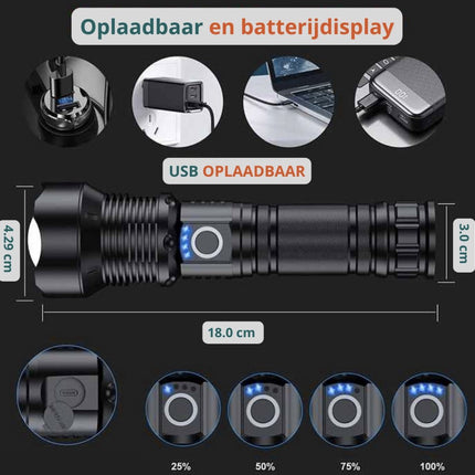 Waterproof and powerful LED flashlight - 10,000 lumens - 5 lighting modes - Rechargeable and zoomable - Long beam - Survival and outdoor use - Batteries included - USB-C rechargeable - Emergency kit - Camping.