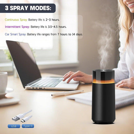 Car essential oil diffuser with automatic on/off function, portable humidifier with memory function, battery operated, with 8-color ambient light for car, home, office and travel (black).