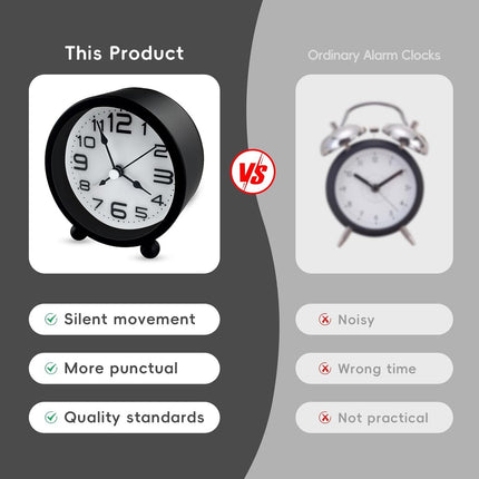 Wekker, analog, silent, no ticking, metal, black, large digits, silent night clock, quartz movement, sweep frequency, battery operated, portable alarm clock for bedroom, living room.