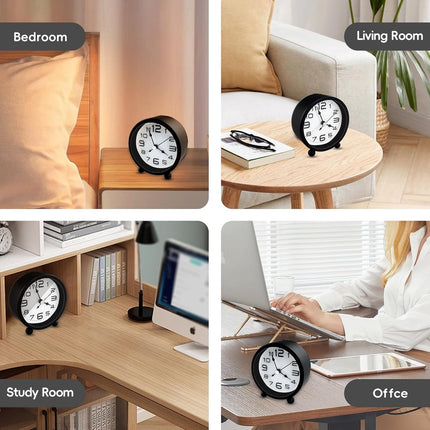 Wekker, analog, silent, no ticking, metal, black, large digits, silent night clock, quartz movement, sweep frequency, battery operated, portable alarm clock for bedroom, living room.
