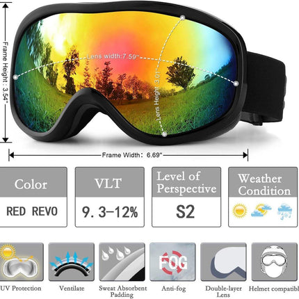 Ski goggles to wear over glasses, with double-layered lenses, anti-fog treatment and UV protection. Suitable for men, women and teenagers who ski and snowmobile..