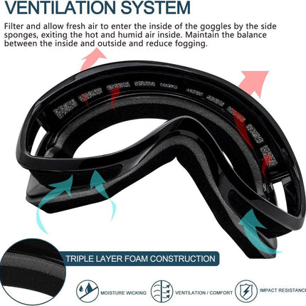 Ski goggles to wear over glasses, with double-layered lenses, anti-fog treatment and UV protection. Suitable for men, women and teenagers who ski and snowmobile..