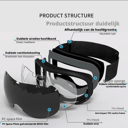 Ski goggles to wear over glasses, with double-layered lenses, anti-fog treatment and UV protection. Suitable for men, women and teenagers who ski and snowmobile..