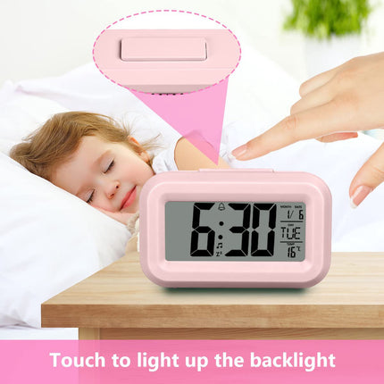 Wekker Digital Alarm Clock - Children's Clock - Wekker - Wekker Children's Alarm Clock - Travel Alarm Clock - LED Display Clock - Adjustable 12/24 Hour Snooze Function, Temperature, Date, Time - Portable Alarm Clock - Pink.