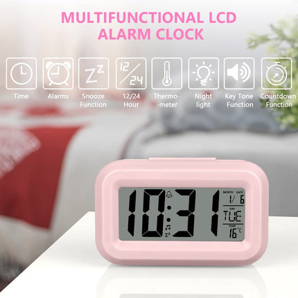 Wekker Digital Alarm Clock - Children's Clock - Wekker - Wekker Children's Alarm Clock - Travel Alarm Clock - LED Display Clock - Adjustable 12/24 Hour Snooze Function, Temperature, Date, Time - Portable Alarm Clock - Pink.
