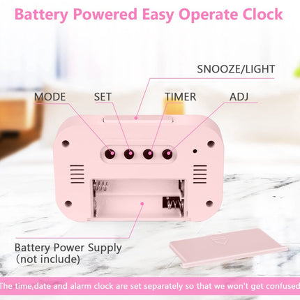 Wekker Digital Alarm Clock - Children's Clock - Wekker - Wekker Children's Alarm Clock - Travel Alarm Clock - LED Display Clock - Adjustable 12/24 Hour Snooze Function, Temperature, Date, Time - Portable Alarm Clock - Pink.